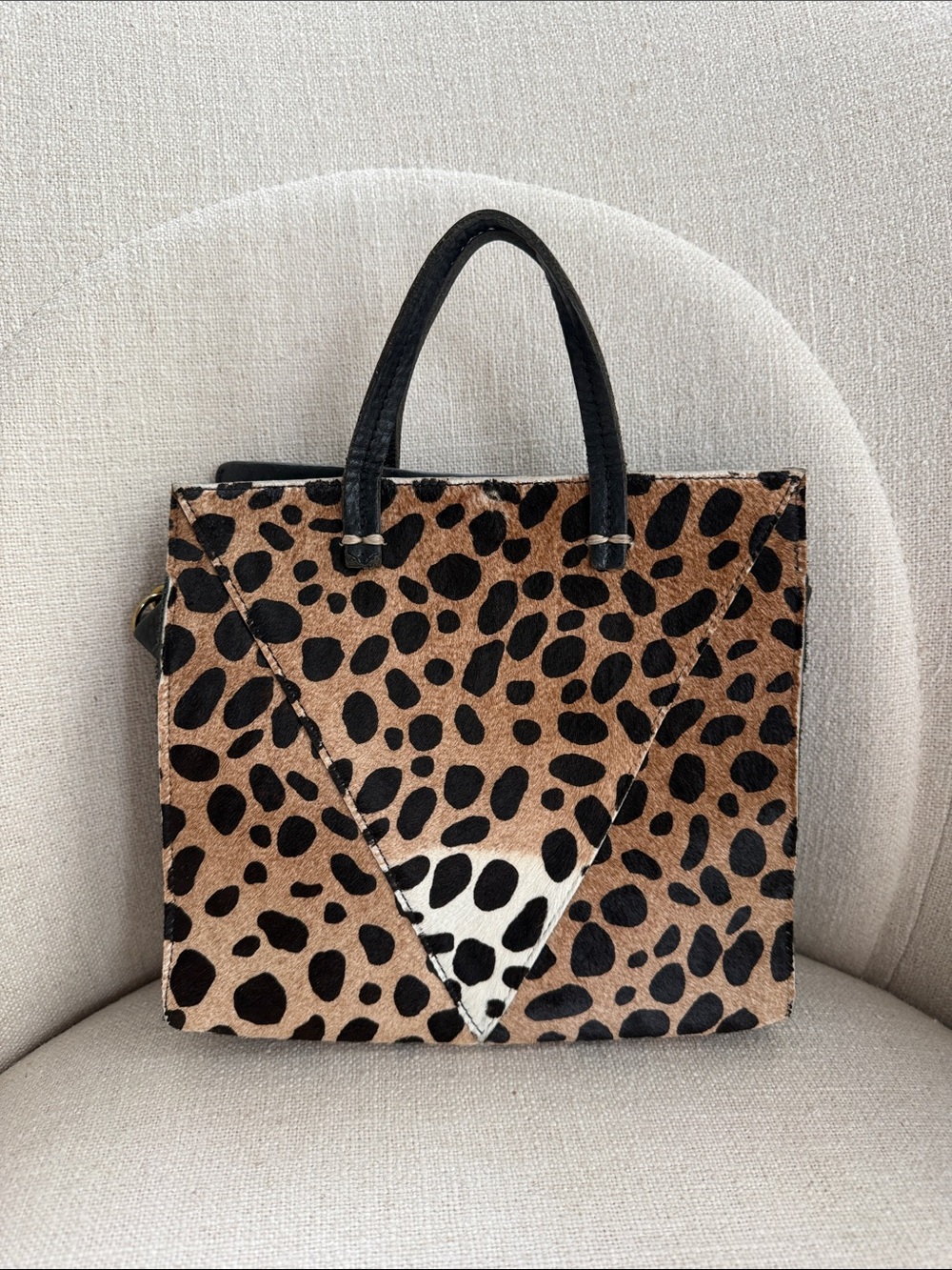 Clare V. Leather Leopard Print Tote Bag with Black Handles